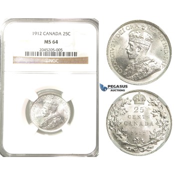 R204, Canada, George V, 25 Cents 1912, Silver, NGC MS64 Rare!