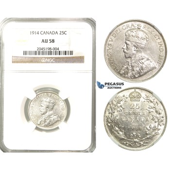 R205, Canada, George V, 25 Cents 1914, Silver, NGC AU58