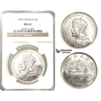R206, Canada, George V, Dollar 1935, Silver, NGC MS65 Fully frosted!