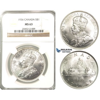 R207, Canada, George V, Dollar 1936, Silver, NGC MS63 Fully frosted!