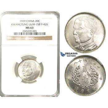R211, China, Kwangtung, 20 Cents 1929, Silver, NGC MS63