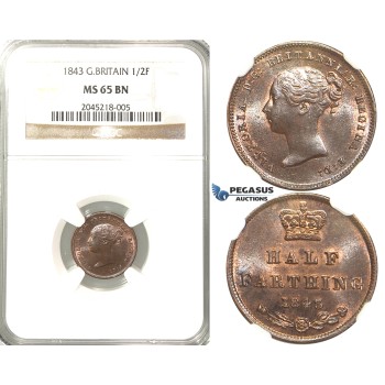 R217, Great Britain, Victoria, Half Farthing 1843, NGC MS65BN