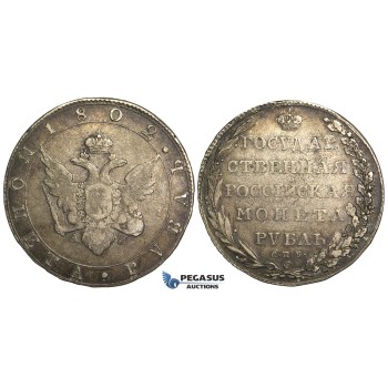 R22, Russia, Alexander I, Rouble 1802 СПБ-АИ, St. Petersburg, Silver, Toned and nice!