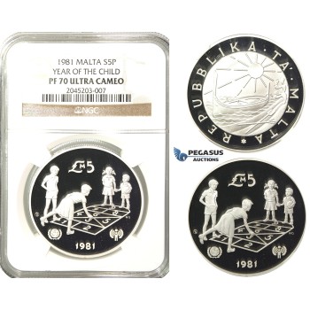 R223, Malta, 5 Pounds 1981 (Year of the Child) Silver, NGC PF70UC (Pop 1/1, Finest)