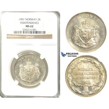 R224, Norway, 2 Kroner 1907 (Independence) Silver, NGC MS62