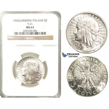 R225, Poland, 5 Zlotych 1932, London, Silver, NGC MS63 Fully frosted!