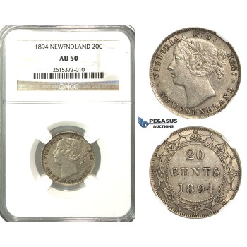 R234, Newfoundland, Victoria, 20 Cents 1894 (Obv.: 1) Silver, NGC AU50 Rare!