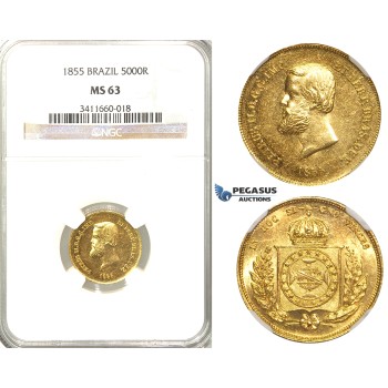 R30, Brazil, Pedro II, 5000 Reis 1855, Gold, NGC MS63