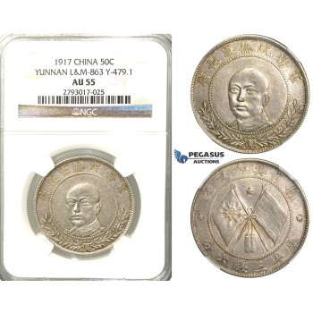 R306, China, Yunnan, 50 Cents 1917, Silver, L&M 863, Y 479.1, NGC AU55