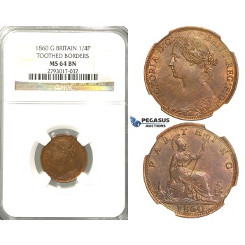 R307, Great Britain, Victoria, Farthing 1860 TB/TB NGC MS64BN