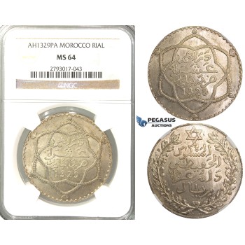 R309, Morocco, Abd al-Hafiz, Rial AH1329, Paris, Silver, NGC MS64