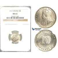 R315, Straits Settlements, George V, 10 Cents 1919, Silver, NGC MS63
