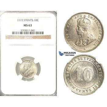 R315, Straits Settlements, George V, 10 Cents 1919, Silver, NGC MS63