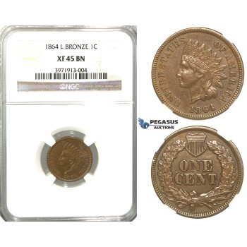 R321, United States, Indian Head Cent 1864 L, NGC XF45BN