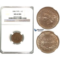 R323, United States, "Indian Head" Cent 1886 Type 1, NGC MS62BN R323, United States, "Indian Head" Cent 1886 Type 1, NGC MS62BN