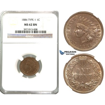 R323, United States, Indian Head Cent 1886 Type 1, NGC MS62BN