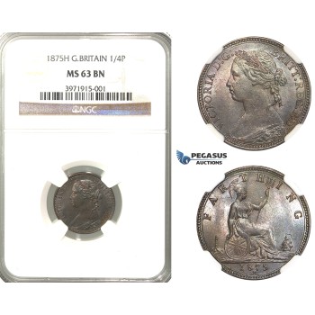 R325, Great Britain, Victoria, Farthing 1875-H, Heaton, NGC MS63BN