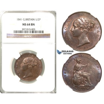 R327, Great Britain, Victoria, 1/2 Penny 1841, NGC MS64BN