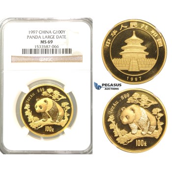 R33, China, “Panda” 100 Yuan 1997 (Large date) Gold (1 oz.) NGC MS69