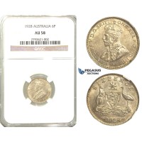 R332, Australia, George V, Sixpence (6 Pence) 1928, Silver, NGC AU58