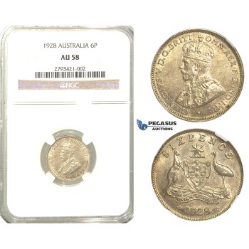 R332, Australia, George V, Sixpence (6 Pence) 1928, Silver, NGC AU58
