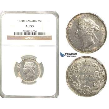 R333, Canada, Victoria, 25 Cents 1874-H, Heaton, Silver, NGC AU53