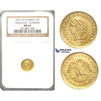 R34, Colombia, 1 Peso 1872 (Condor) Medellin, Gold, NGC MS64