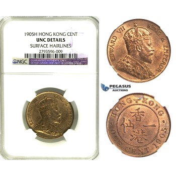 R351, Hong Kong, Edward VII, 1 Cent 1905-H, Heaton, NGC UNC (We see no hairlines!)