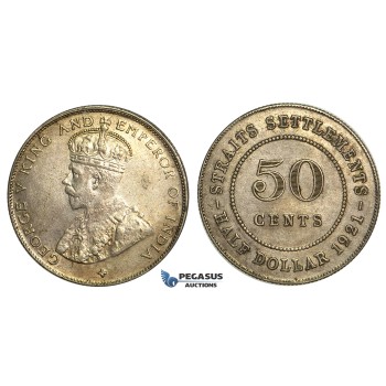 R354, Straits Settlements, George V, 50 Cents 1921, Silver, Toned High Grade!