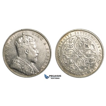R356, Straits Settlements, Edward VII, Dollar 1907-H, Heaton,  Silver, Some Cleaning and Marks