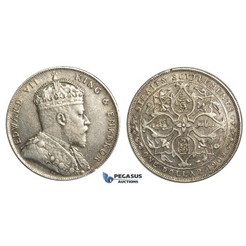 R357, Straits Settlements, Edward VII, Dollar 1908,  Silver, Some Cleaning and Marks