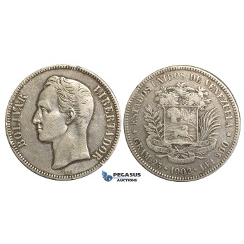 R367, Venezuela, 5 Bolivares 1902, Silver