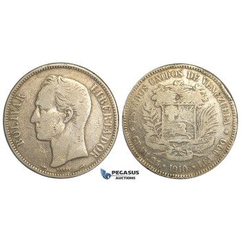 R368, Venezuela, 5 Bolivares 1910, Paris, Silver