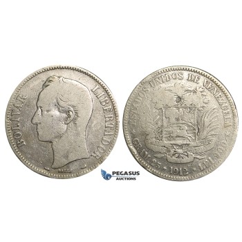 R369, Venezuela, 5 Bolivares 1912, Paris, Silver