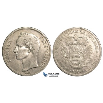 R371, Venezuela, 5 Bolivares 1929, Silver, Nice!
