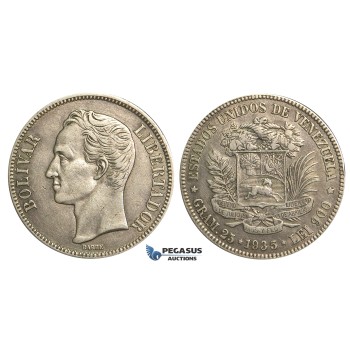 R372, Venezuela, 5 Bolivares 1935, Silver, Good details!