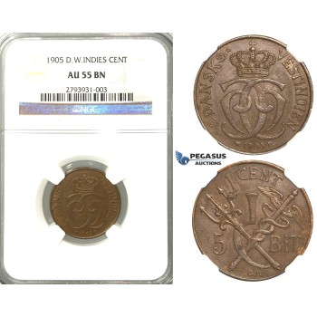R374, Danish West Indies, Christian IX, 1 Cent (5 Bit) 1905, Copenhagen, NGC AU55BN