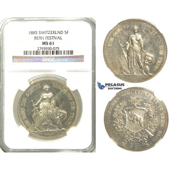 R381, Switzerland, Bern Festival 5 Francs 1885 Shooting Taler, Silver, NGC MS61