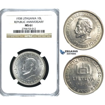 R389, Lithuania, Republic Anniversary, 10 Litu 1938, Silver, NGC MS61