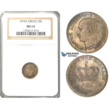 R39, Greece, George I, 20 Lepta 1874-A, Paris, Silver, NGC MS64 (Rainbow toning)