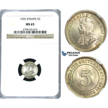 R391, Straits Settlements, George V, 5 Cents 1935, Silver, NGC MS65