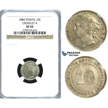 R392, Straits Settlements, Victoria, 10 Cents 1884 (Crosslet 4) Silver, NGC XF45