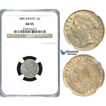 R393, Straits Settlements, Victoria, 10 Cents 1885, Silver, NGC AU55