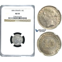 R394, Straits Settlements, Victoria, 10 Cents 1896, Silver, NGC AU55