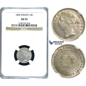 R394, Straits Settlements, Victoria, 10 Cents 1896, Silver, NGC AU55