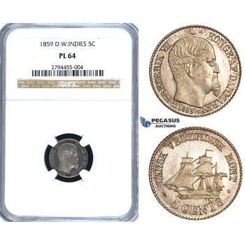 R407, Danish West Indies, Frederik VII, 5 Cents 1859, Altona, Silver, NGC PL64