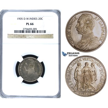 R408, Danish West Indies, Christian IX, 20 Cents/1 Franc 1905, Copenhagen, Silver, NGC PL66, Pop 1/1, Finest! Very Rare!