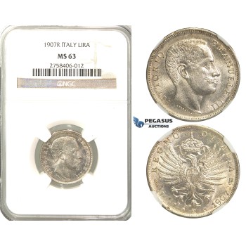 R41, Italy, V. Emanuele III, 1 Lira 1907-R, Rome, Silver, NGC MS63