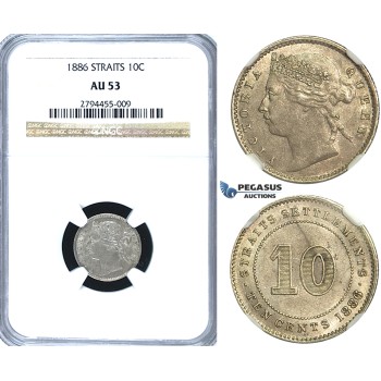 R417, Straits Settlements, Victoria, 10 Cents 1886, Silver, NGC AU53