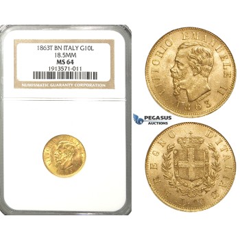 R42, Italy, V. Emanuele II, 10 Lire 1863 T-BN, Turin, Gold, NGC MS64